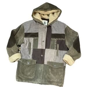 VTG JLC Womens Patchwork Leather Wool Tweed Quilted Liner Hooded Sherpa Coat M
